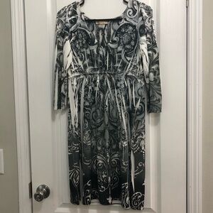 R. Rouge XL Cyber Y2K Abstract Rhinestone Babydoll V Neck Dress 3/4 Sleeve 2000s